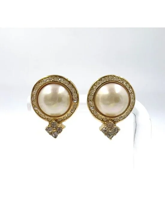 Dior Line Stone Faux Pearl Gold Earrings - Picture 1 of 6